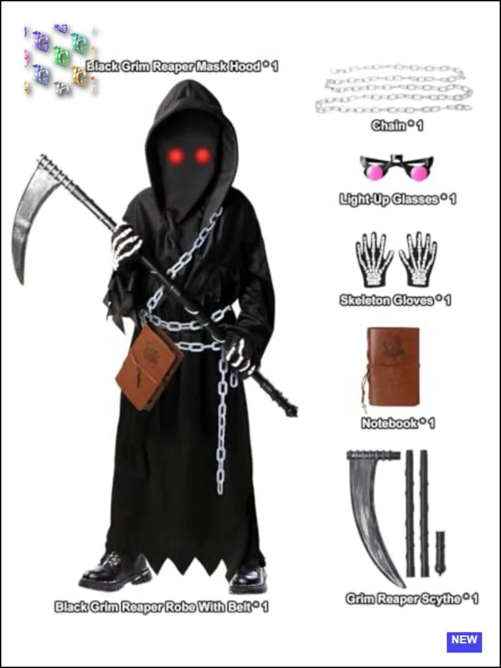 Kids Grim Reaper Costume 7 Pieces Halloween Scary Cosplay Set